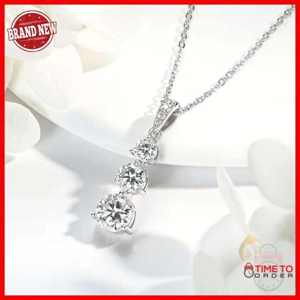 Sterling Silver Moissanite 3 Stone Pendant Necklace 18-20 Inch